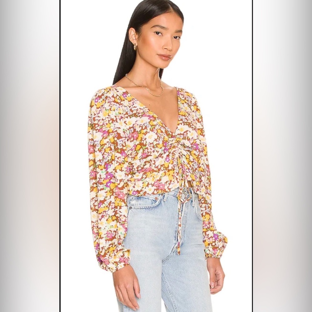 Sanctuary Floral Print V Neck 3/4 Balloon Sleeve Ruched Drawstring Front Blouse